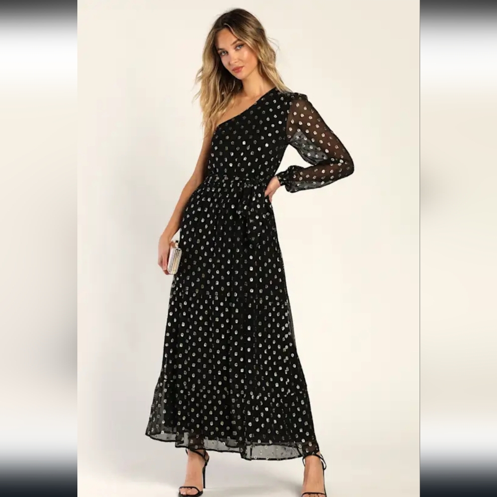 NWT Lulus Radiant Energy Black and Gold Dot One Shoulder Maxi Dress, Size XL